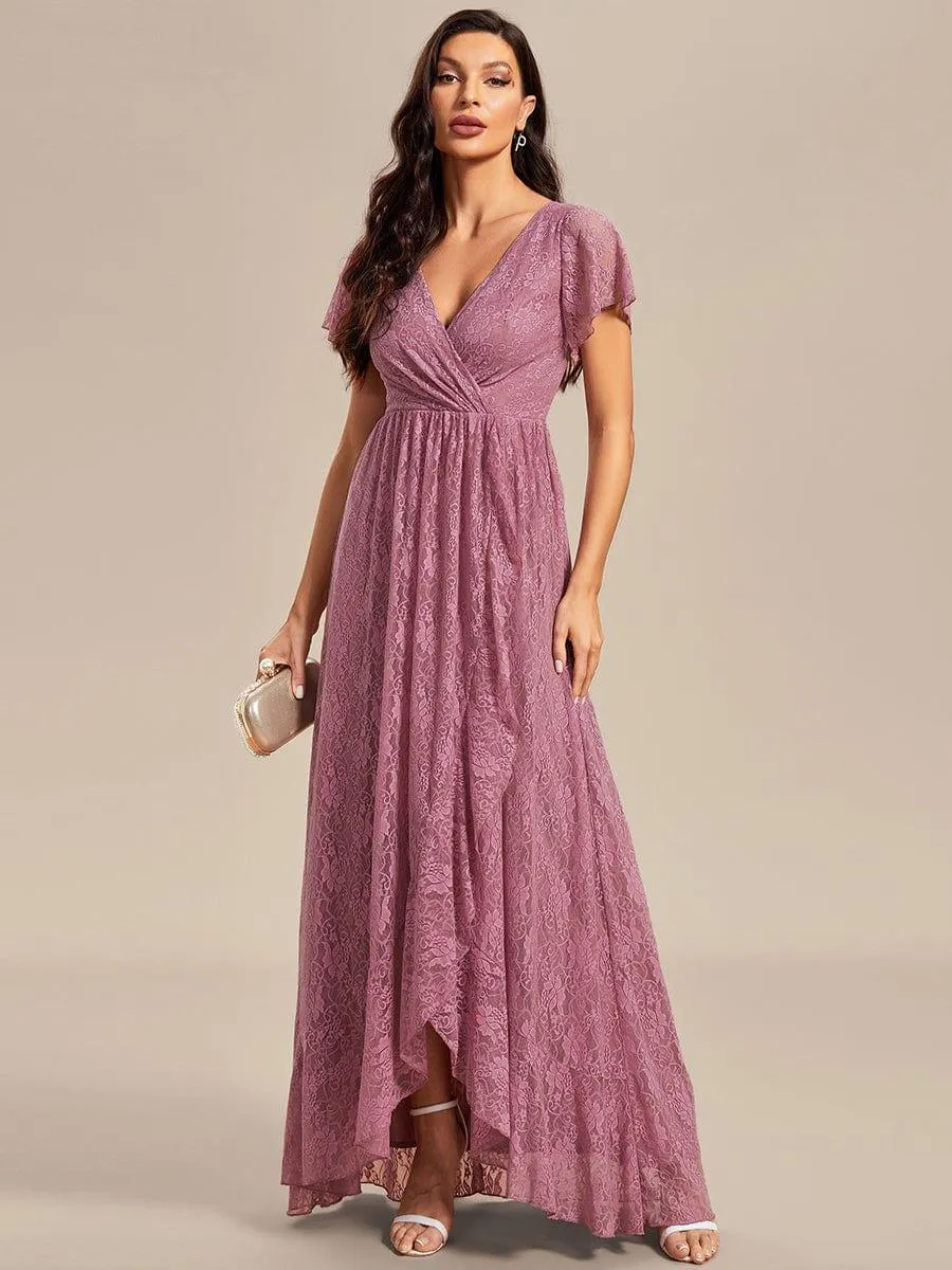 Pleated V-Neck Short Sleeve Ruffled Lace Formal Mother of the Bride Dress