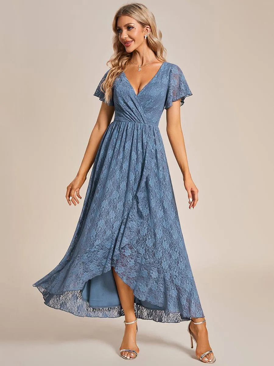Pleated V-Neck Short Sleeve Ruffled Lace Formal Mother of the Bride Dress