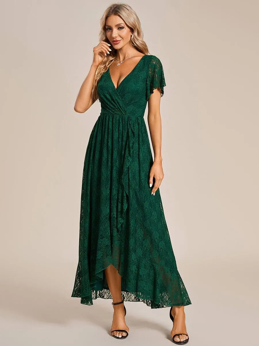 Pleated V-Neck Short Sleeve Ruffled Lace Formal Mother of the Bride Dress