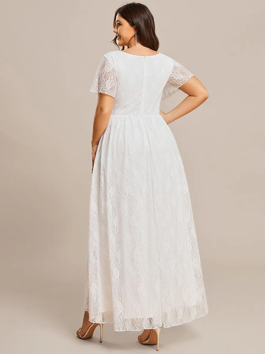 Pleated V-Neck Short Sleeve Ruffled Lace Formal Mother of the Bride Dress