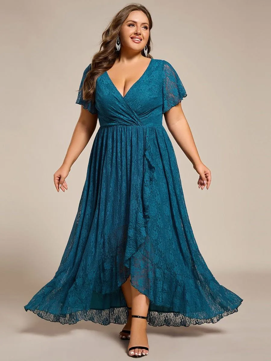 Pleated V-Neck Short Sleeve Ruffled Lace Formal Mother of the Bride Dress