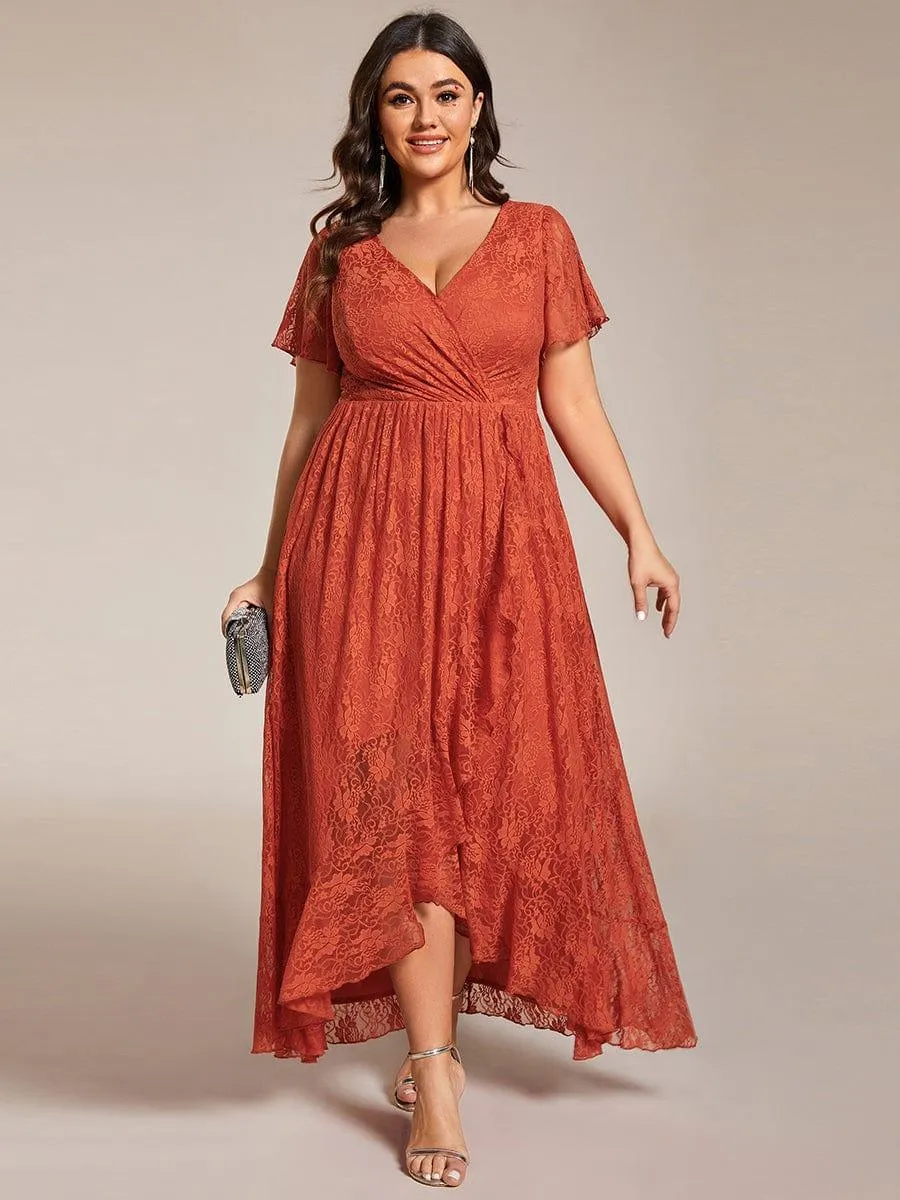 Pleated V-Neck Short Sleeve Ruffled Lace Formal Mother of the Bride Dress