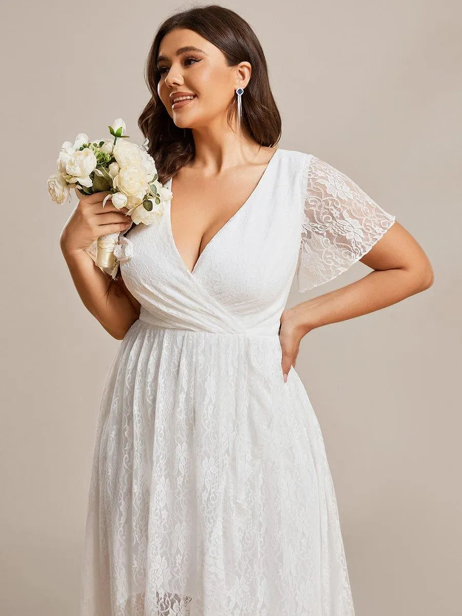 Pleated V-Neck Short Sleeve Ruffled Lace Formal Mother of the Bride Dress