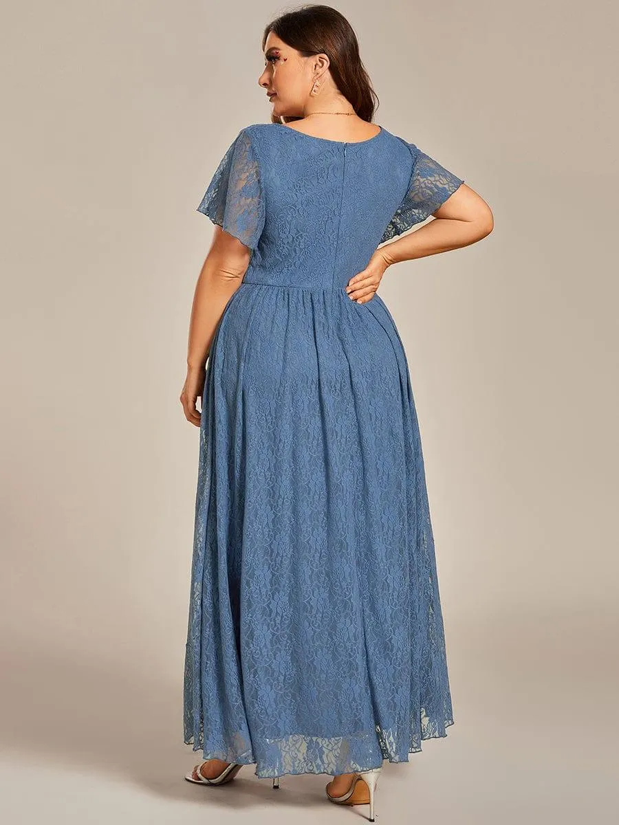 Pleated V-Neck Short Sleeve Ruffled Lace Formal Mother of the Bride Dress