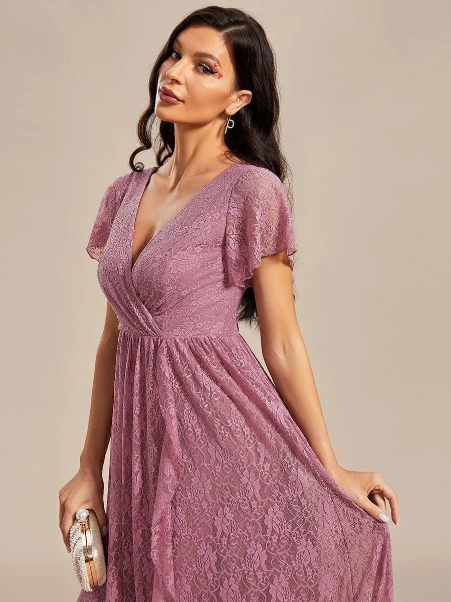 Pleated V-Neck Short Sleeve Ruffled Lace Formal Mother of the Bride Dress