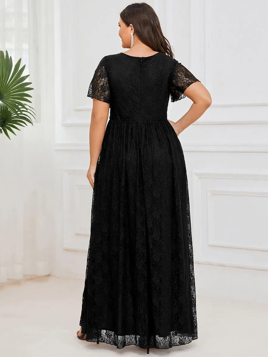 Pleated V-Neck Short Sleeve Ruffled Lace Formal Mother of the Bride Dress