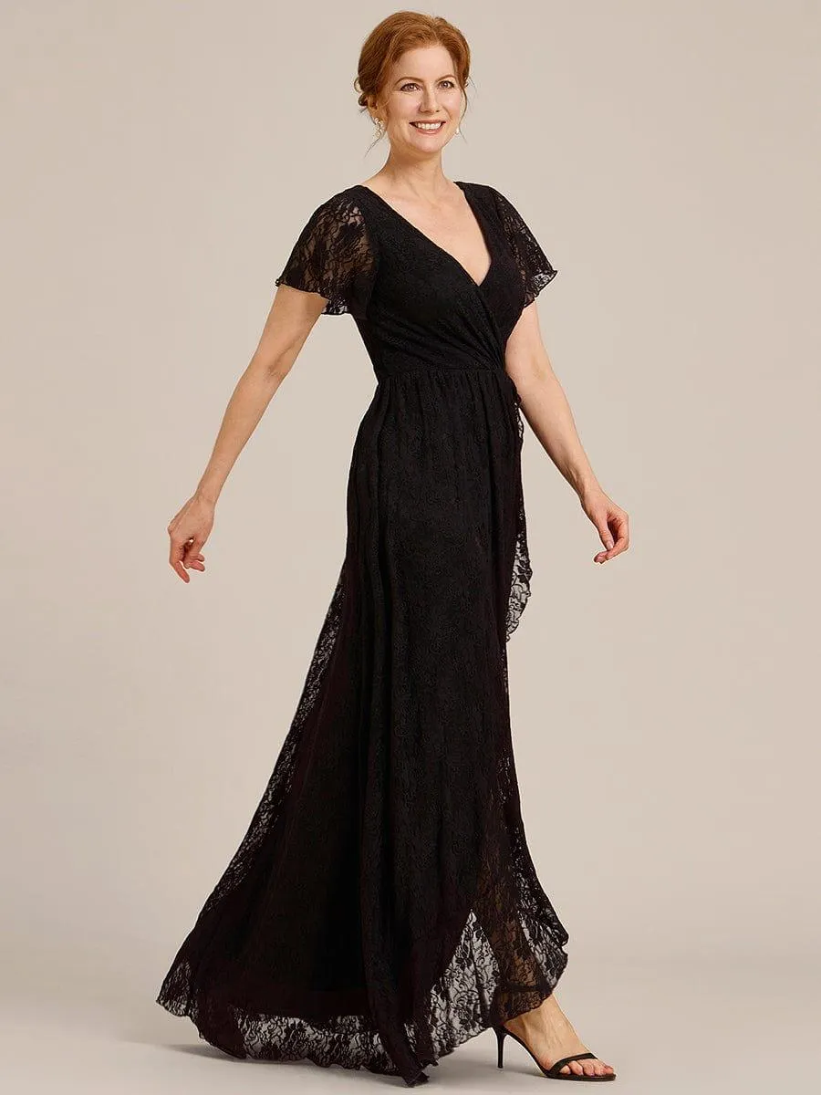 Pleated V-Neck Short Sleeve Ruffled Lace Formal Mother of the Bride Dress