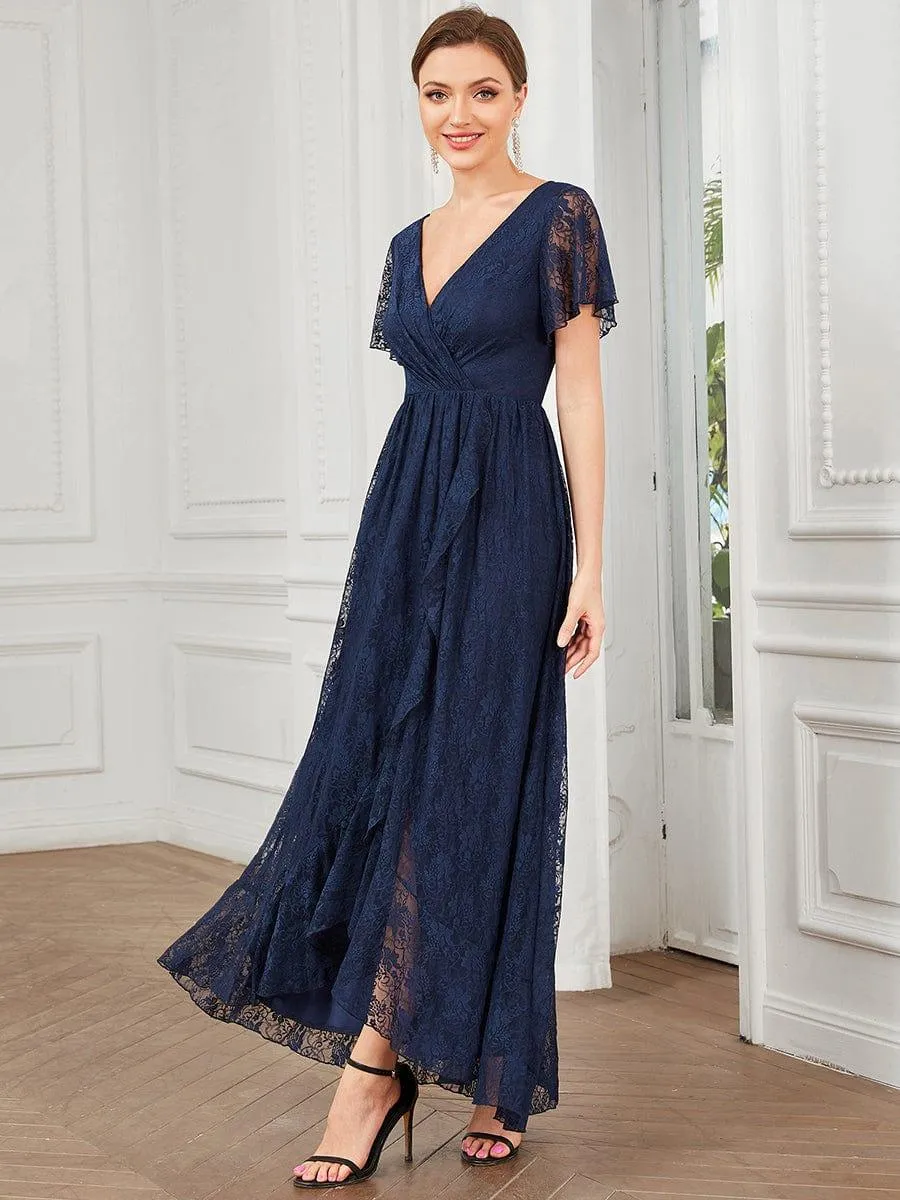 Pleated V-Neck Short Sleeve Ruffled Lace Formal Mother of the Bride Dress