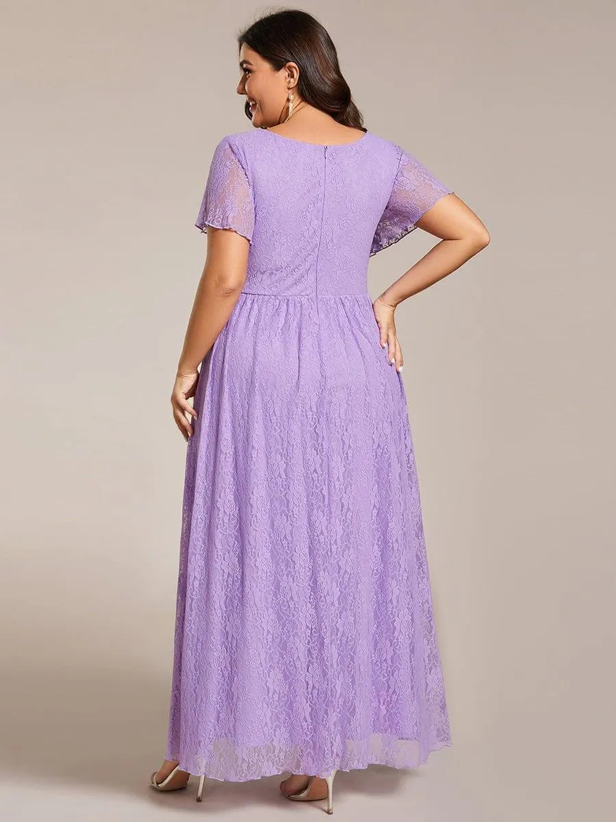 Pleated V-Neck Short Sleeve Ruffled Lace Formal Mother of the Bride Dress