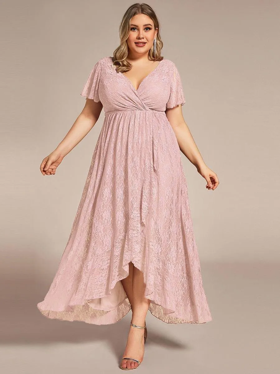 Pleated V-Neck Short Sleeve Ruffled Lace Formal Mother of the Bride Dress