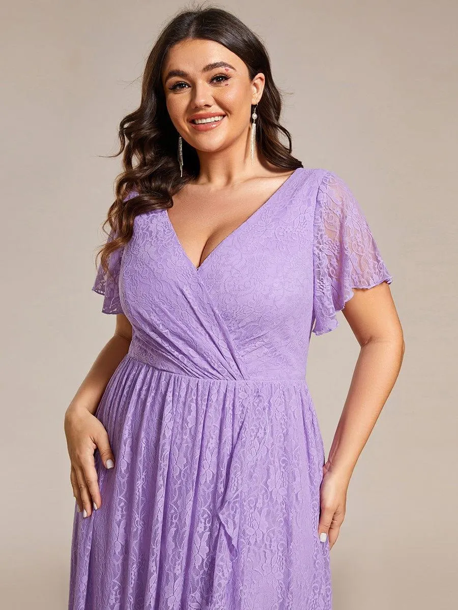 Pleated V-Neck Short Sleeve Ruffled Lace Formal Mother of the Bride Dress