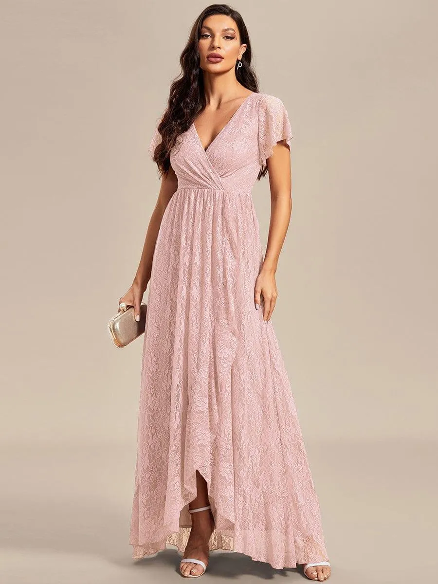 Pleated V-Neck Short Sleeve Ruffled Lace Formal Mother of the Bride Dress