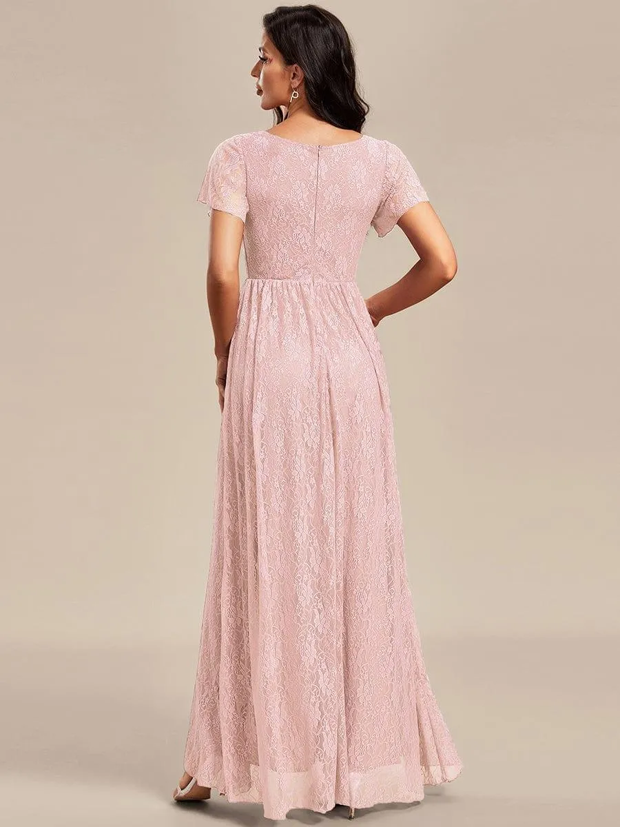Pleated V-Neck Short Sleeve Ruffled Lace Formal Mother of the Bride Dress