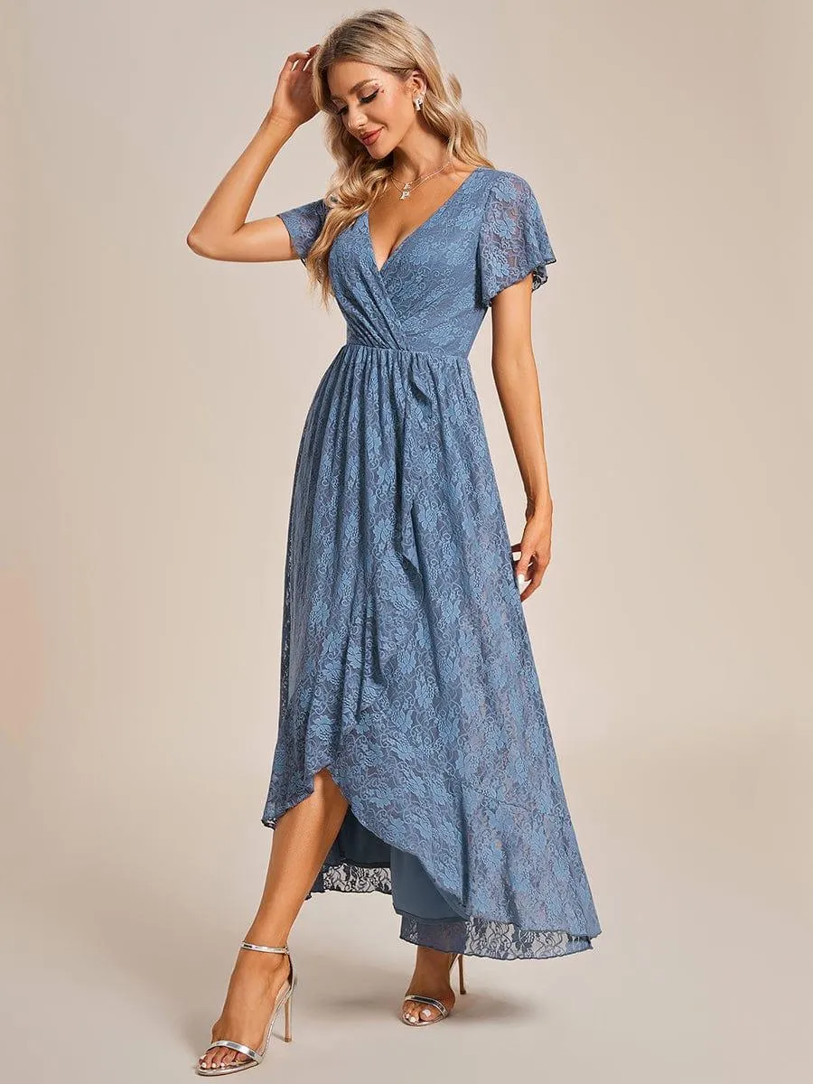 Pleated V-Neck Short Sleeve Ruffled Lace Formal Mother of the Bride Dress
