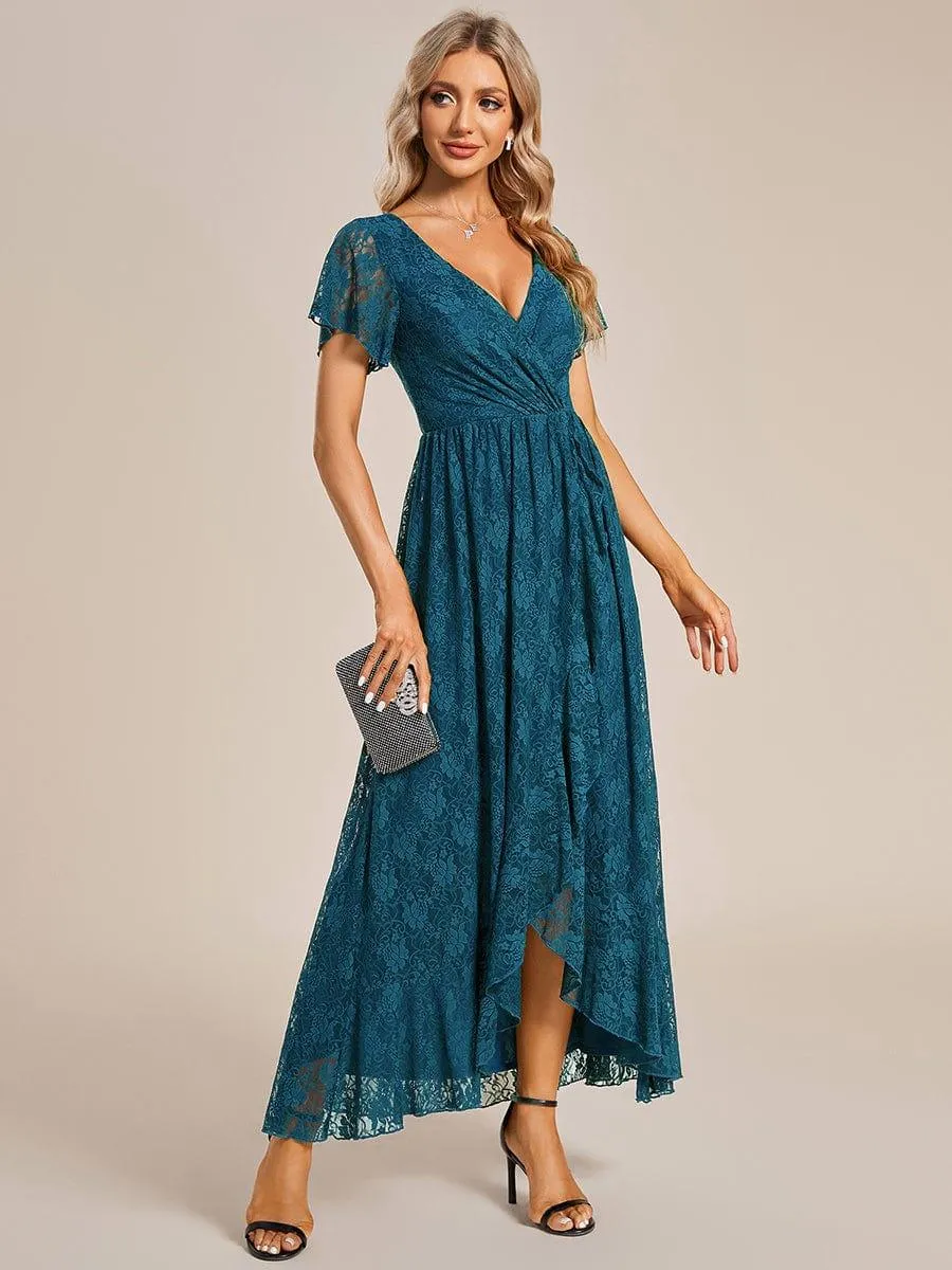 Pleated V-Neck Short Sleeve Ruffled Lace Formal Mother of the Bride Dress