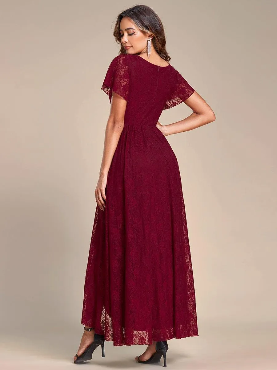 Pleated V-Neck Short Sleeve Ruffled Lace Formal Mother of the Bride Dress