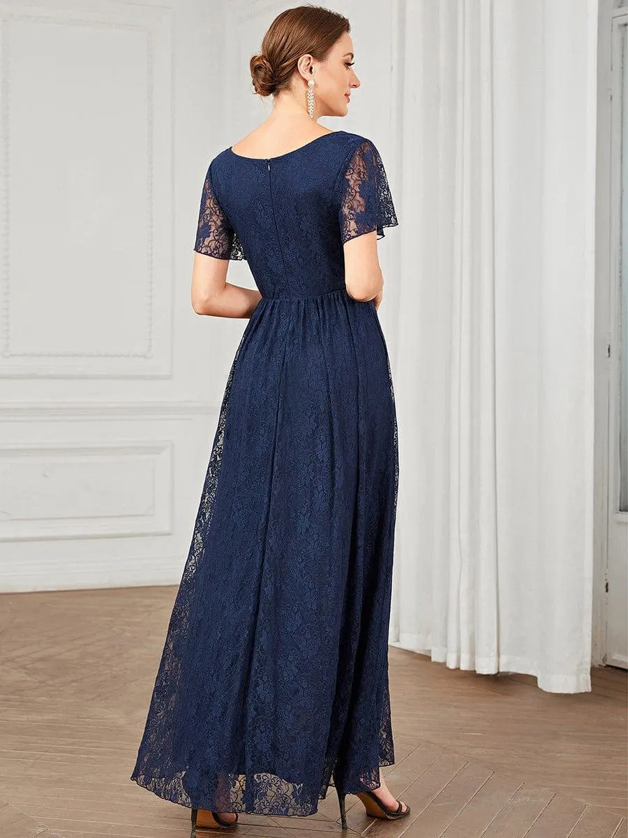 Pleated V-Neck Short Sleeve Ruffled Lace Formal Mother of the Bride Dress