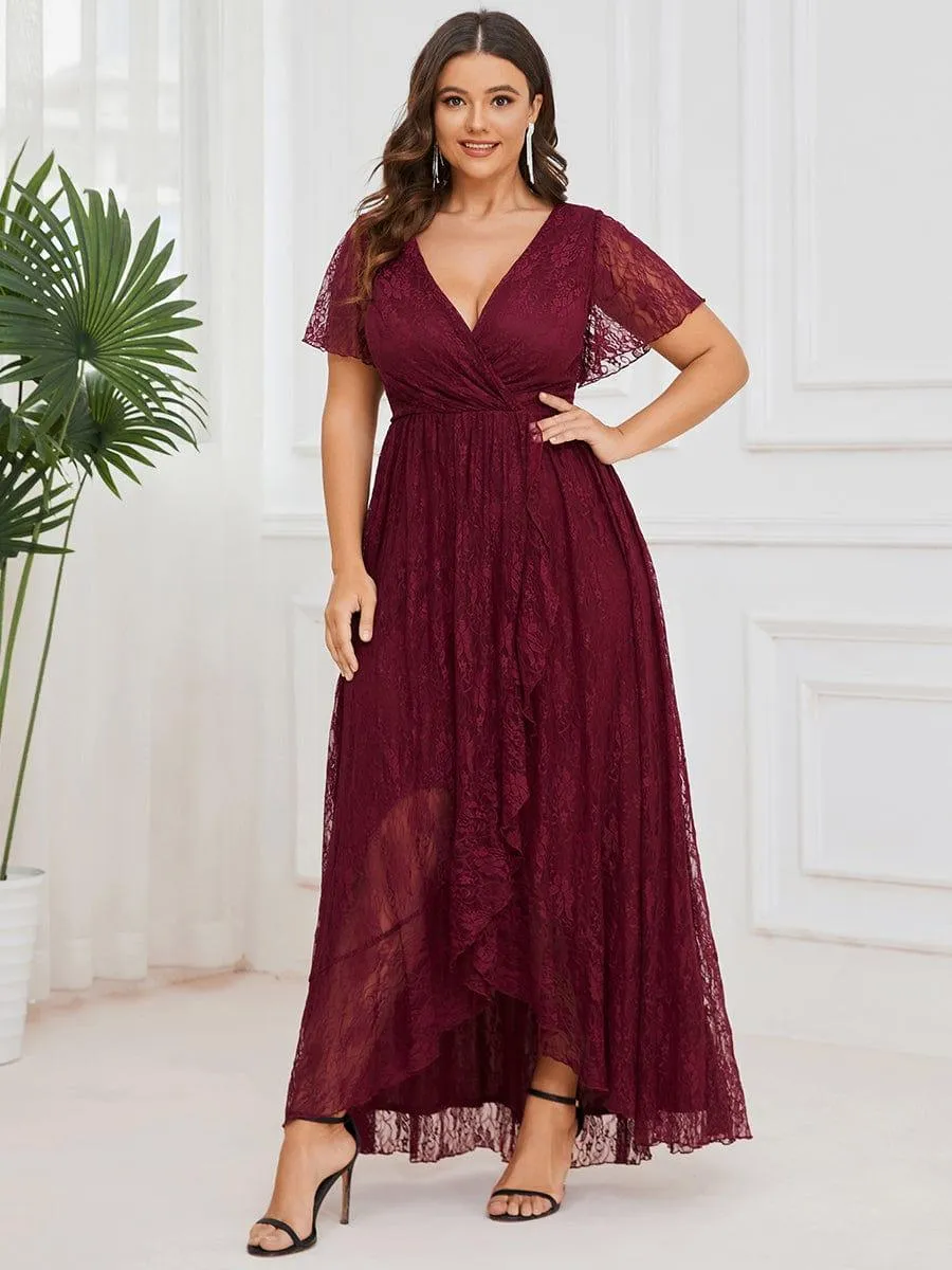 Pleated V-Neck Short Sleeve Ruffled Lace Formal Mother of the Bride Dress