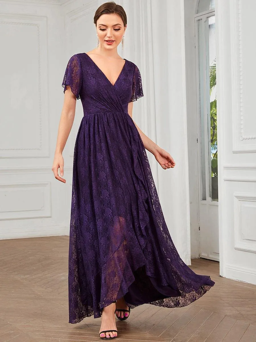 Pleated V-Neck Short Sleeve Ruffled Lace Formal Mother of the Bride Dress