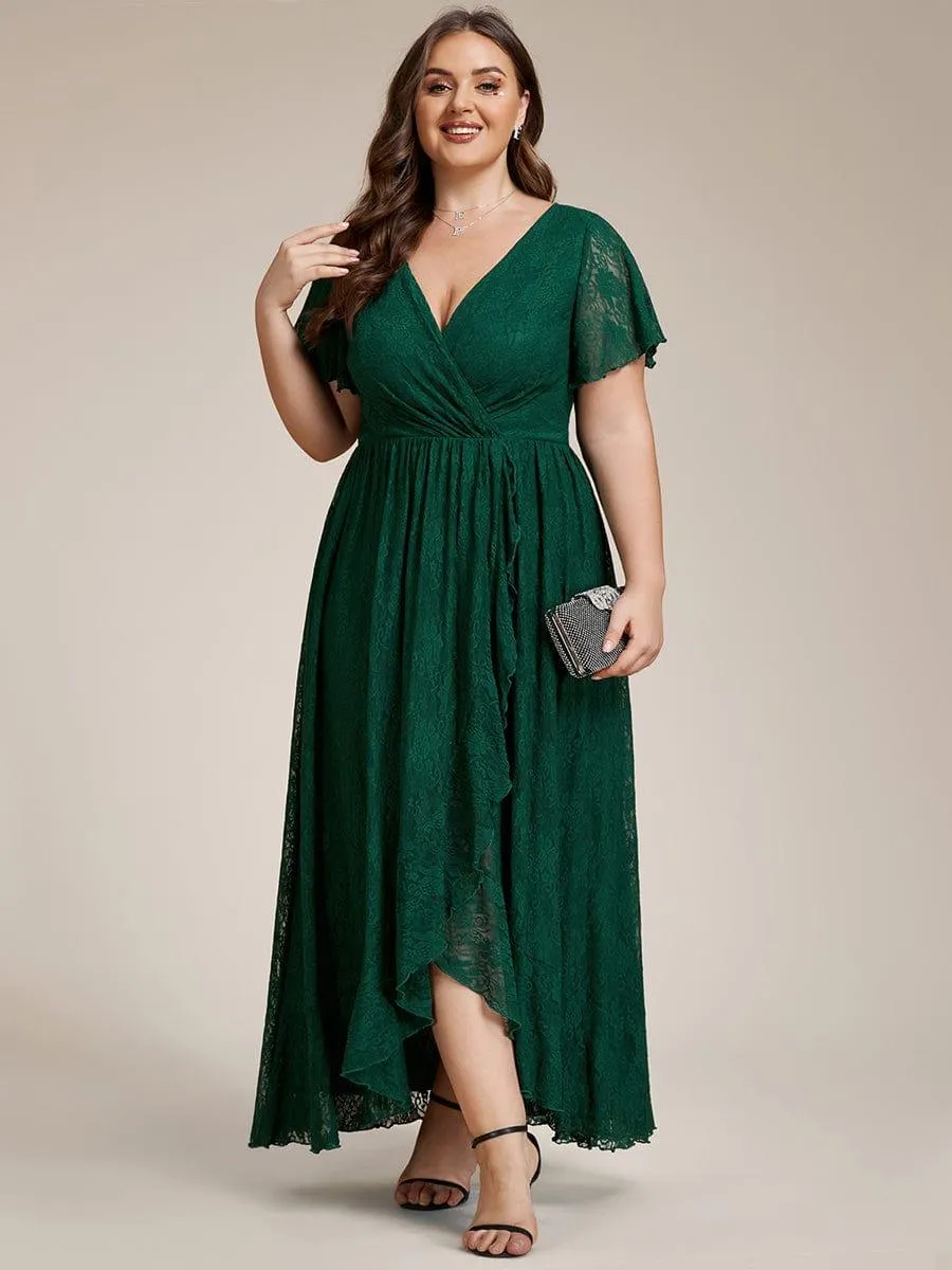 Pleated V-Neck Short Sleeve Ruffled Lace Formal Mother of the Bride Dress