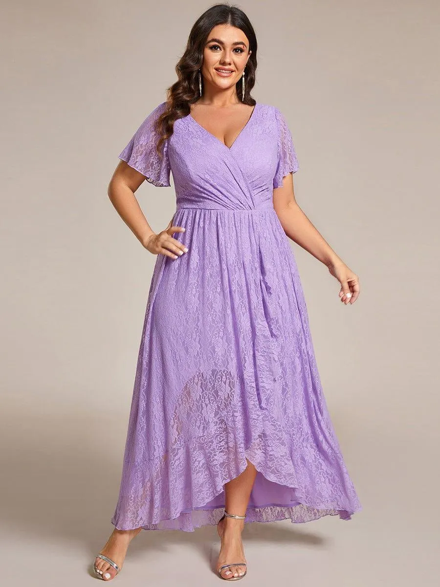 Pleated V-Neck Short Sleeve Ruffled Lace Formal Mother of the Bride Dress