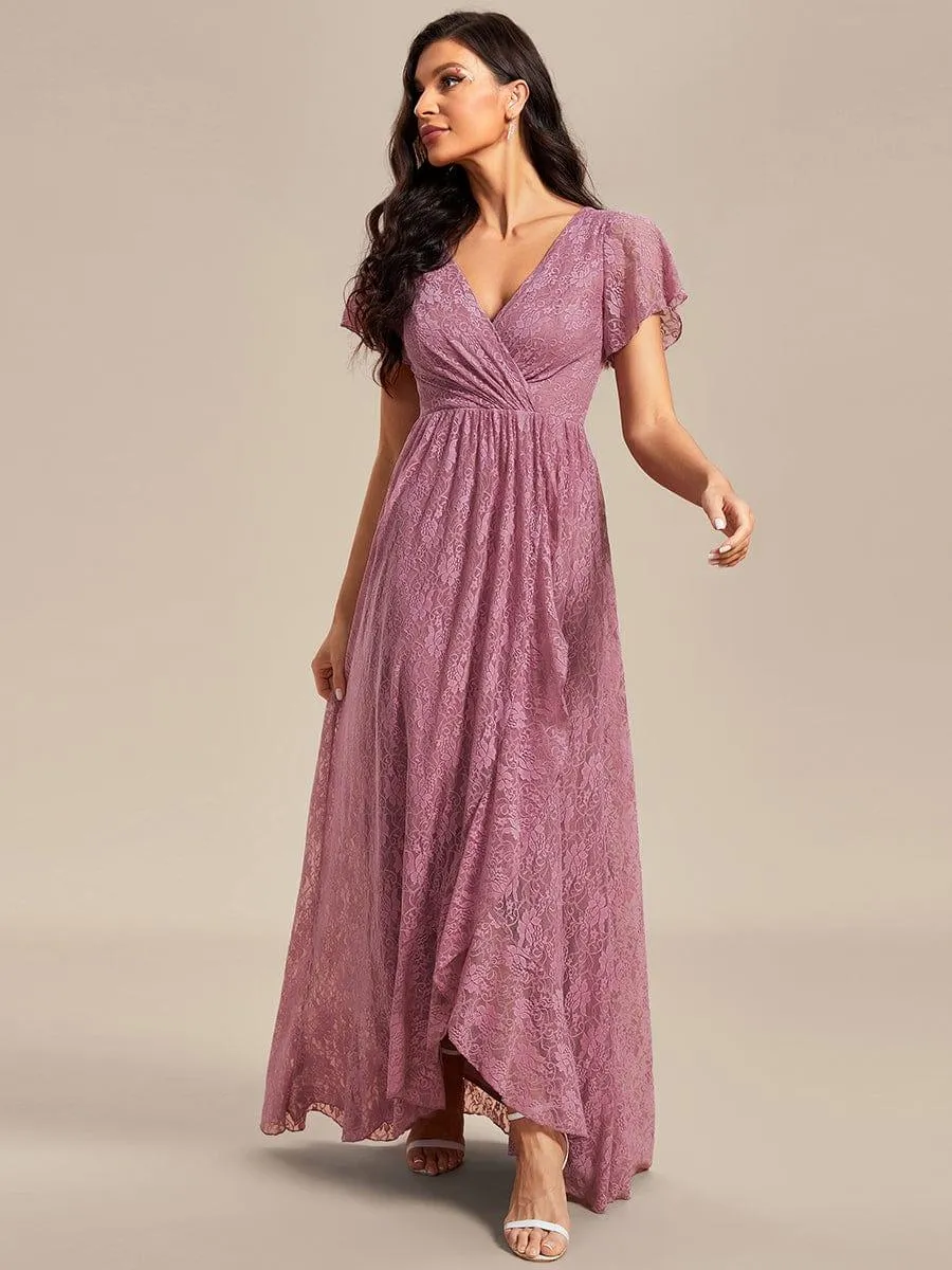 Pleated V-Neck Short Sleeve Ruffled Lace Formal Mother of the Bride Dress