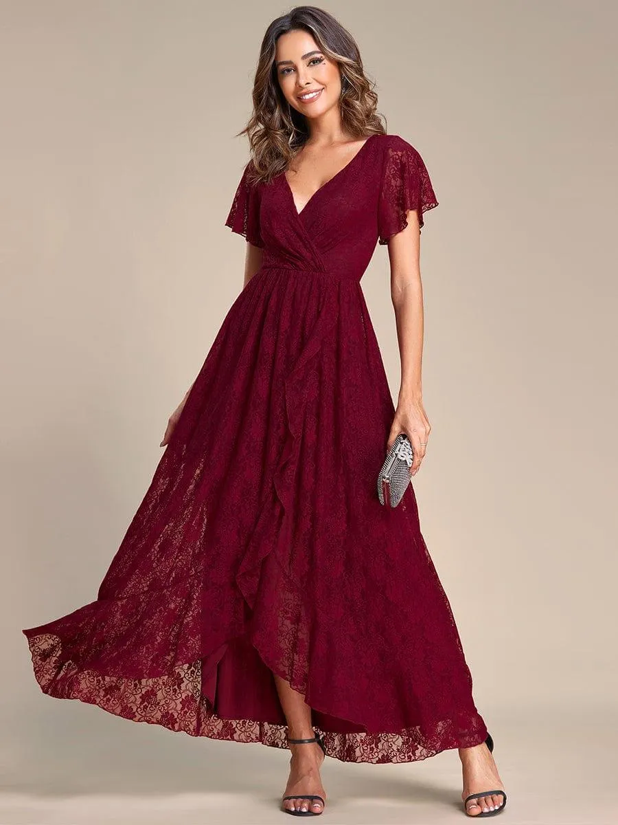 Pleated V-Neck Short Sleeve Ruffled Lace Formal Mother of the Bride Dress