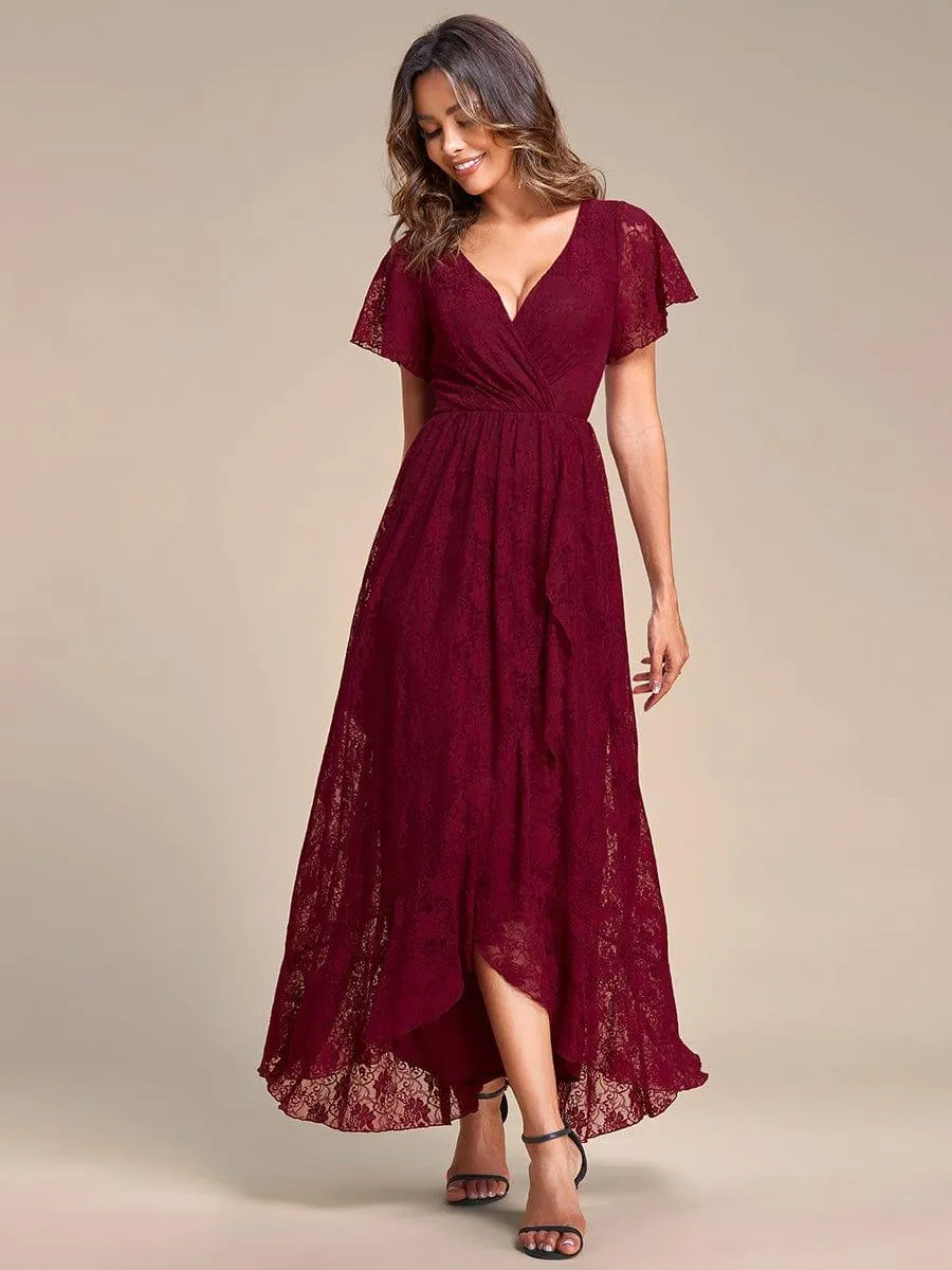 Pleated V-Neck Short Sleeve Ruffled Lace Formal Mother of the Bride Dress