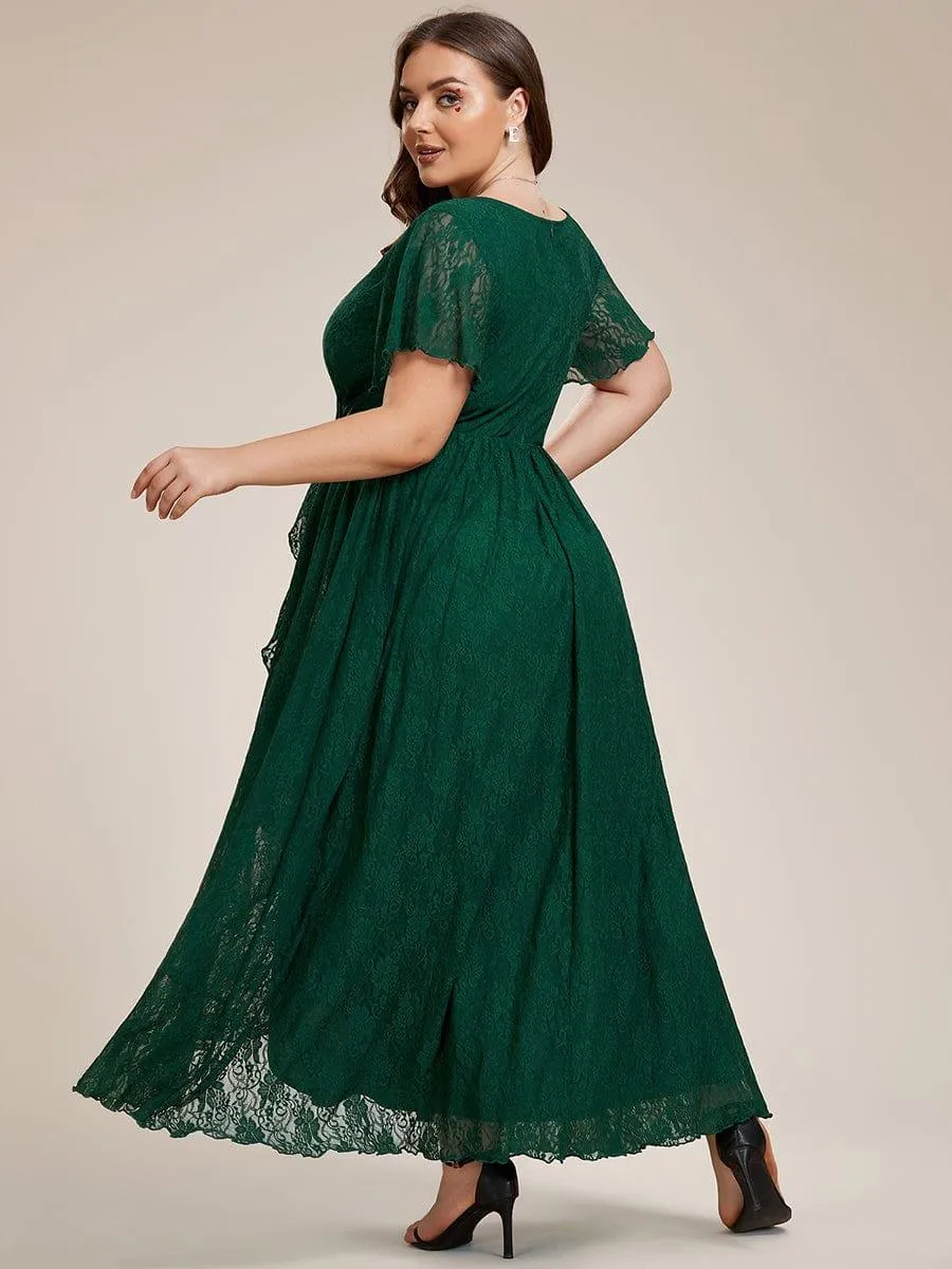 Pleated V-Neck Short Sleeve Ruffled Lace Formal Mother of the Bride Dress