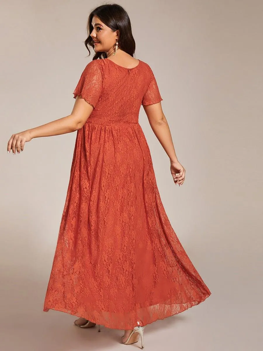 Pleated V-Neck Short Sleeve Ruffled Lace Formal Mother of the Bride Dress