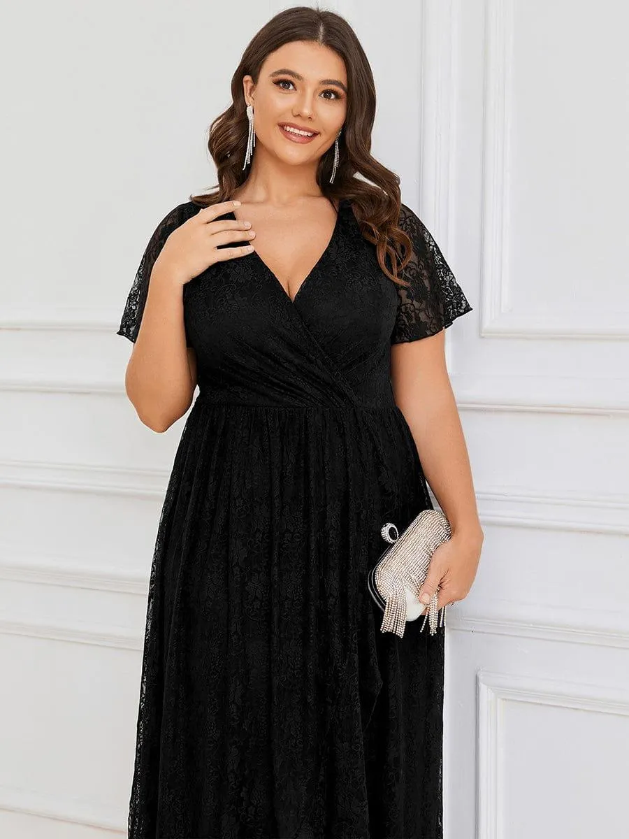 Pleated V-Neck Short Sleeve Ruffled Lace Formal Mother of the Bride Dress