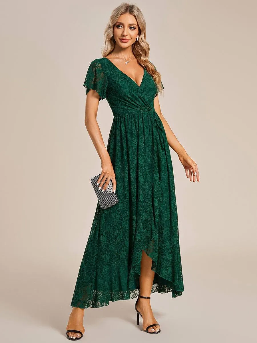 Pleated V-Neck Short Sleeve Ruffled Lace Formal Mother of the Bride Dress