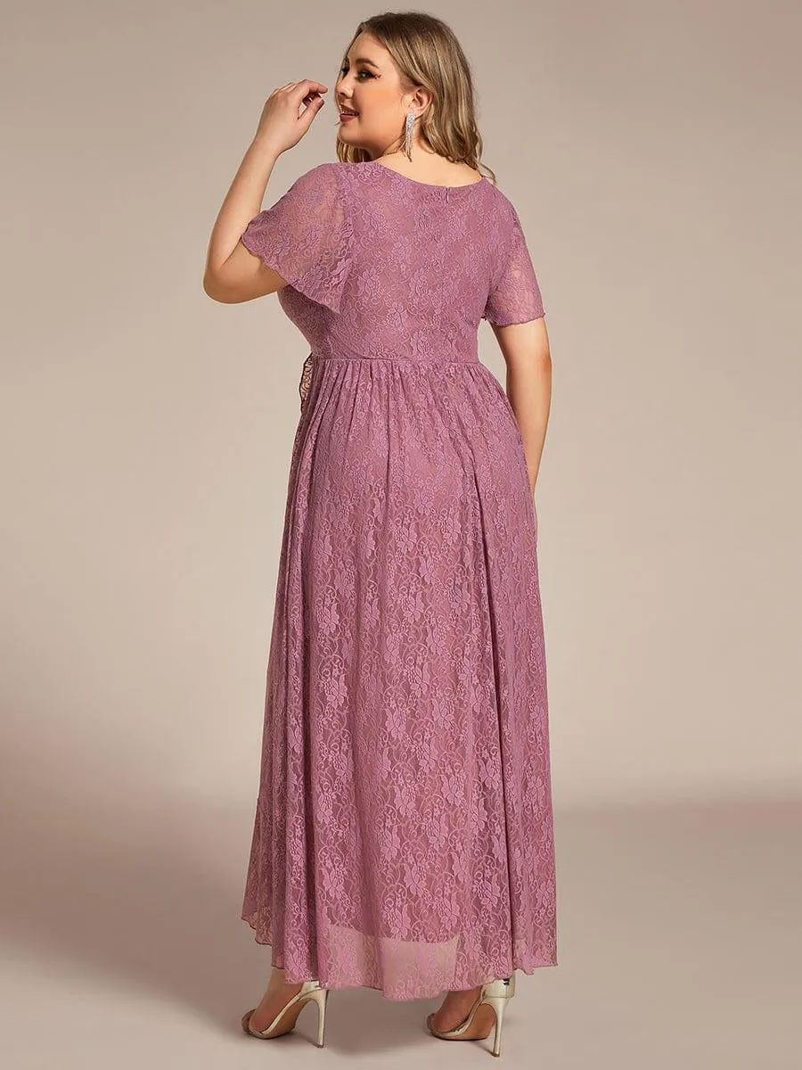 Pleated V-Neck Short Sleeve Ruffled Lace Formal Mother of the Bride Dress