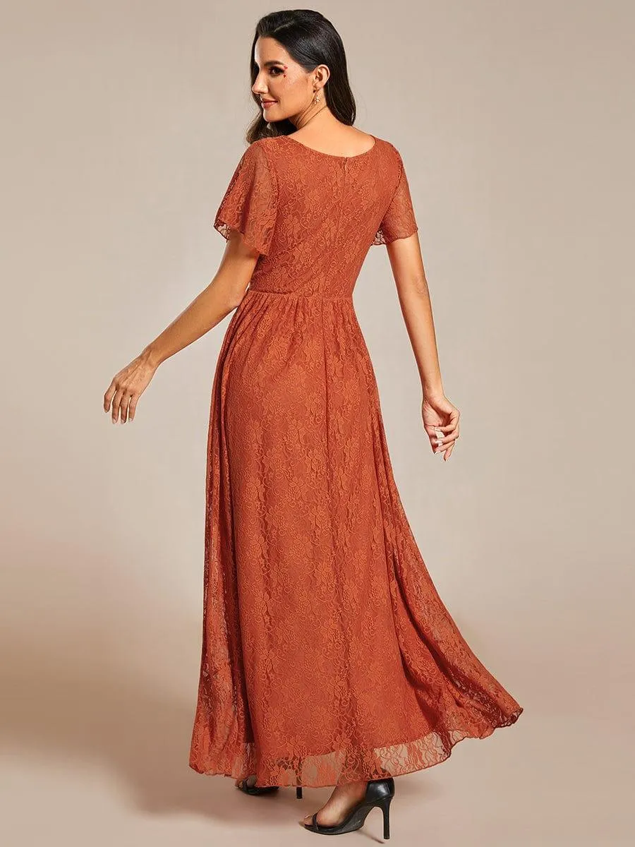 Pleated V-Neck Short Sleeve Ruffled Lace Formal Mother of the Bride Dress