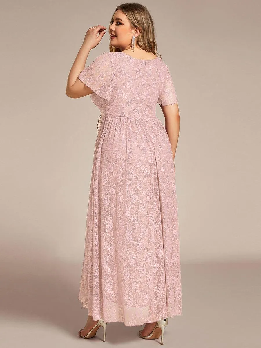 Pleated V-Neck Short Sleeve Ruffled Lace Formal Mother of the Bride Dress