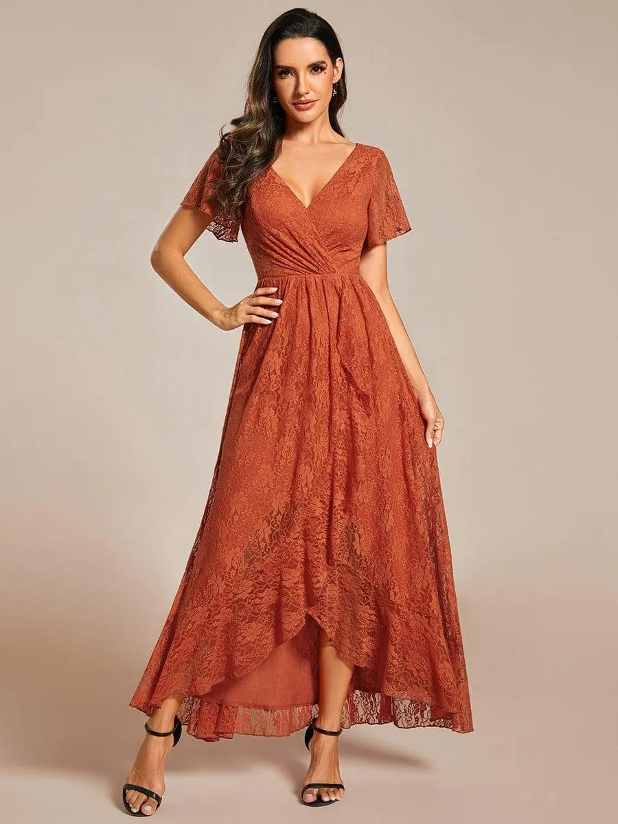 Pleated V-Neck Short Sleeve Ruffled Lace Formal Mother of the Bride Dress