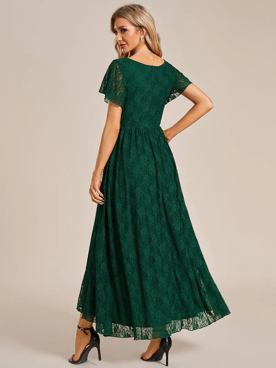 Pleated V-Neck Short Sleeve Ruffled Lace Formal Mother of the Bride Dress