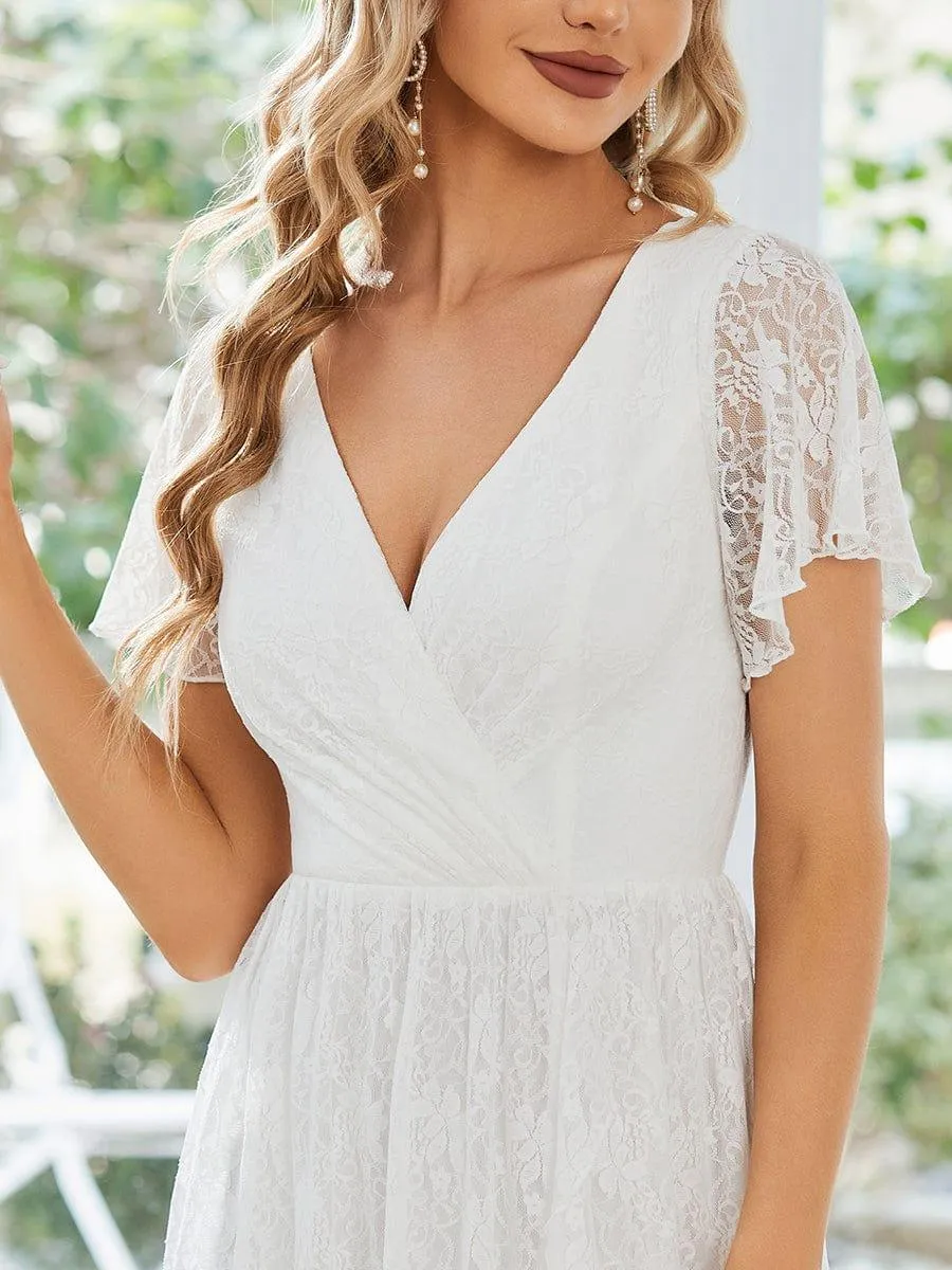 Pleated V-Neck Short Sleeve Ruffled Lace Formal Mother of the Bride Dress