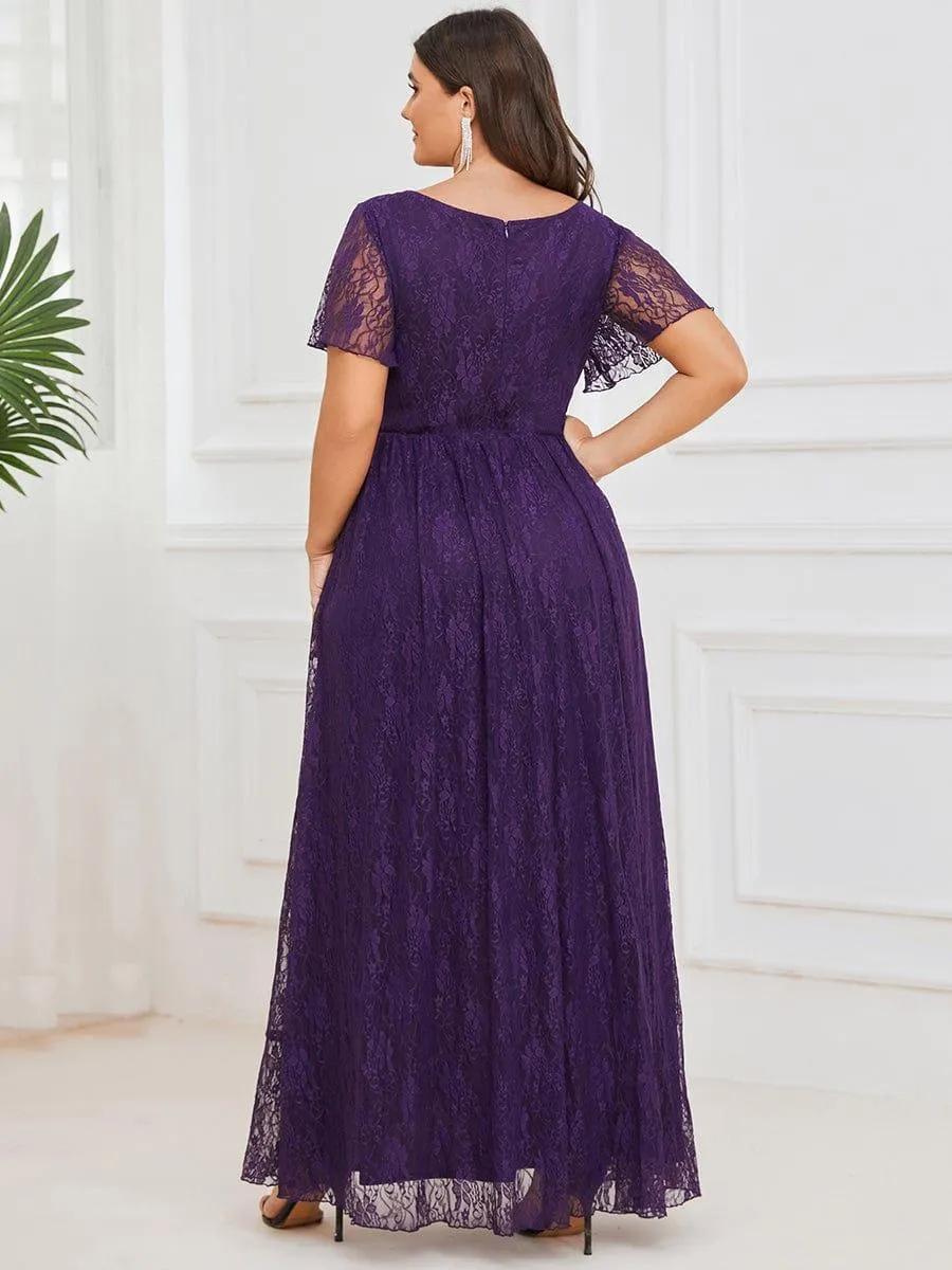 Pleated V-Neck Short Sleeve Ruffled Lace Formal Mother of the Bride Dress