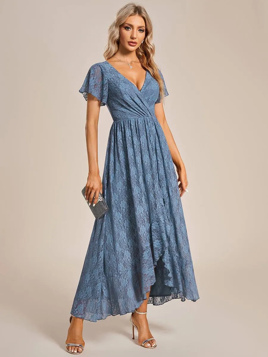 Pleated V-Neck Short Sleeve Ruffled Lace Formal Mother of the Bride Dress