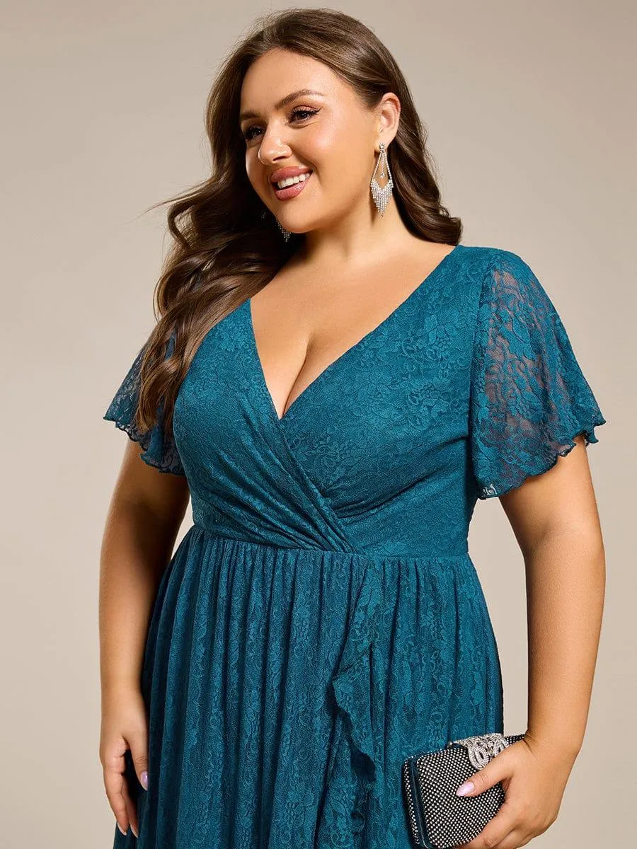 Pleated V-Neck Short Sleeve Ruffled Lace Formal Mother of the Bride Dress