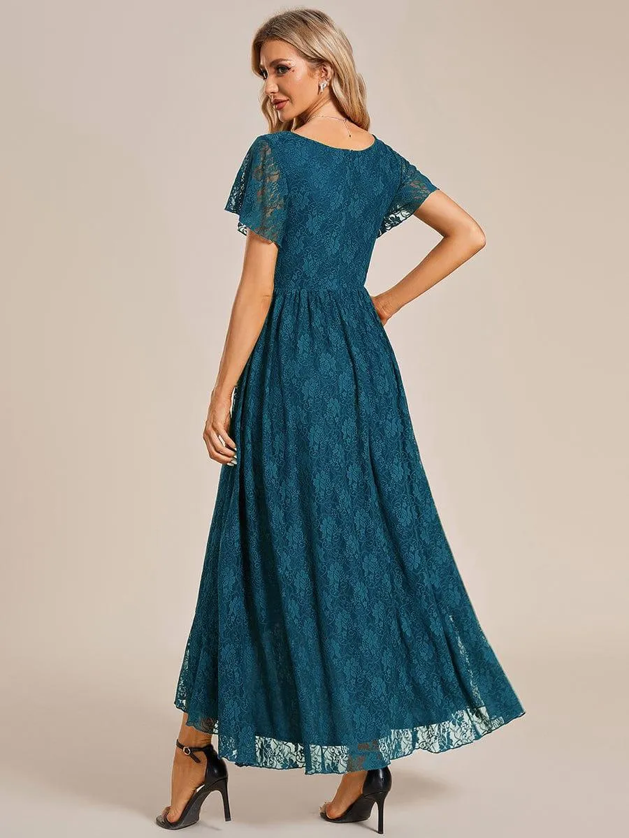 Pleated V-Neck Short Sleeve Ruffled Lace Formal Mother of the Bride Dress