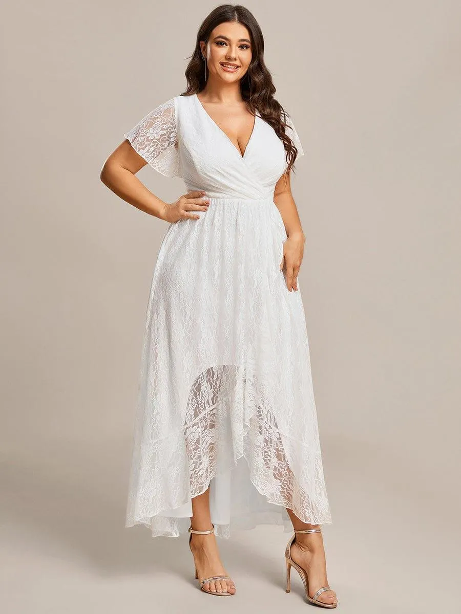 Pleated V-Neck Short Sleeve Ruffled Lace Formal Mother of the Bride Dress