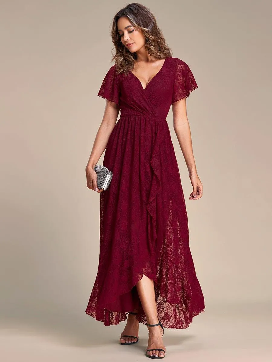 Pleated V-Neck Short Sleeve Ruffled Lace Formal Mother of the Bride Dress
