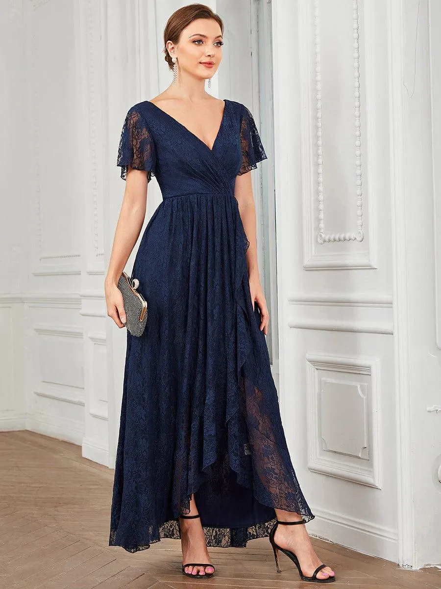 Pleated V-Neck Short Sleeve Ruffled Lace Formal Mother of the Bride Dress