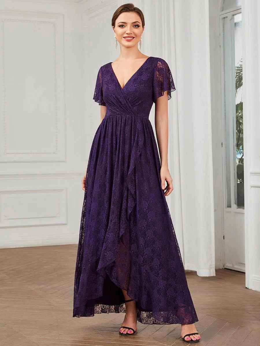 Pleated V-Neck Short Sleeve Ruffled Lace Formal Mother of the Bride Dress