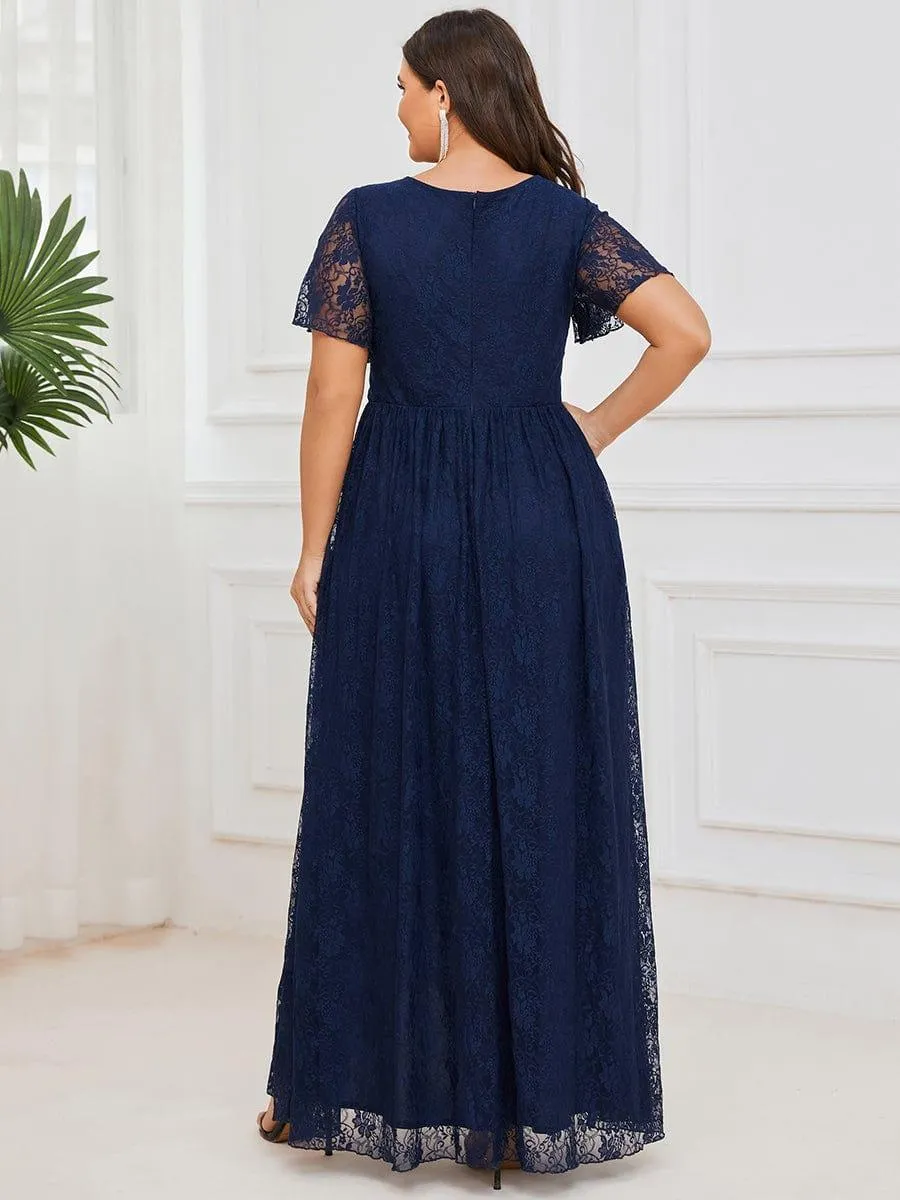 Pleated V-Neck Short Sleeve Ruffled Lace Formal Mother of the Bride Dress