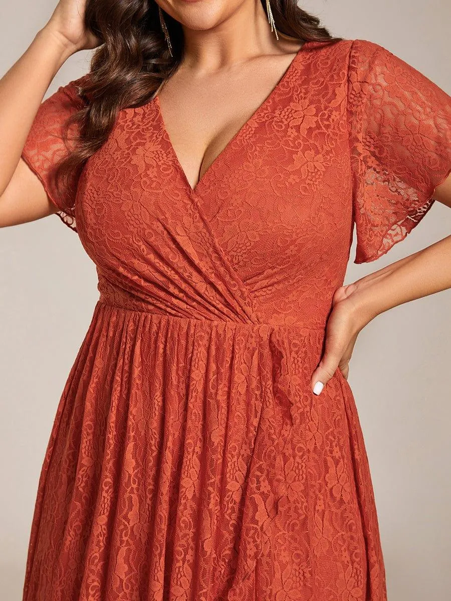 Pleated V-Neck Short Sleeve Ruffled Lace Formal Mother of the Bride Dress