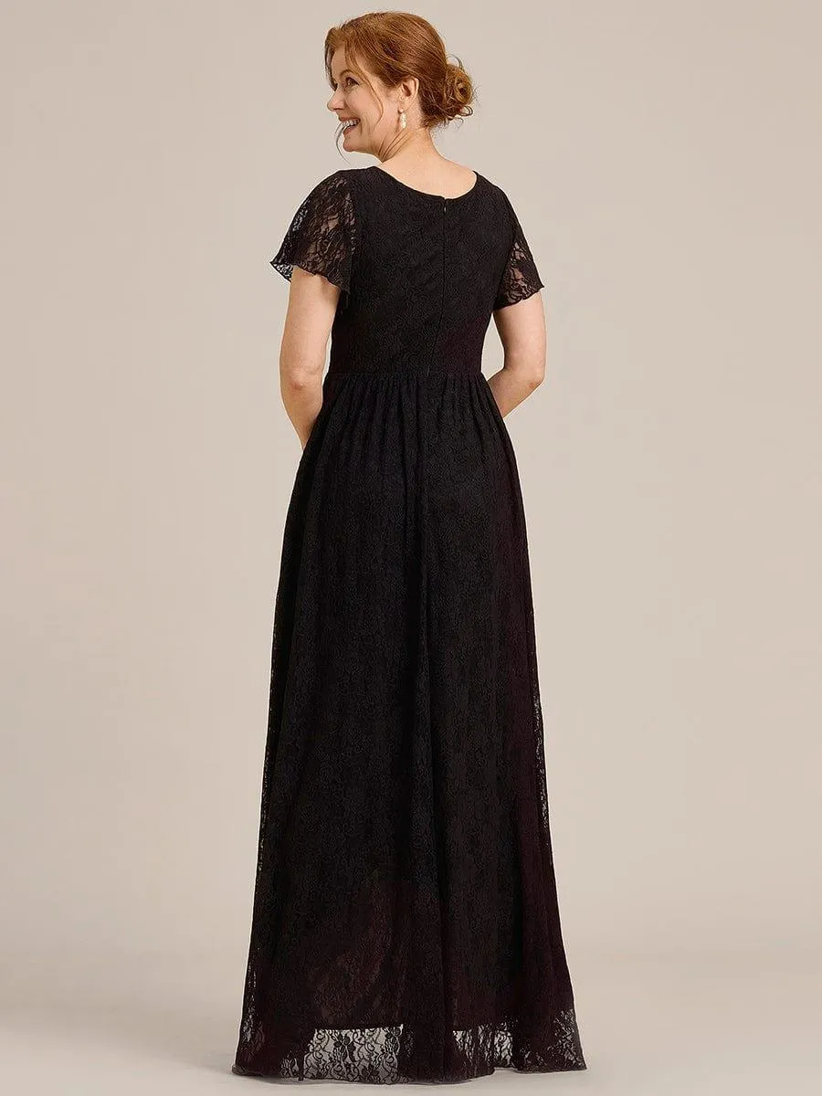 Pleated V-Neck Short Sleeve Ruffled Lace Formal Mother of the Bride Dress