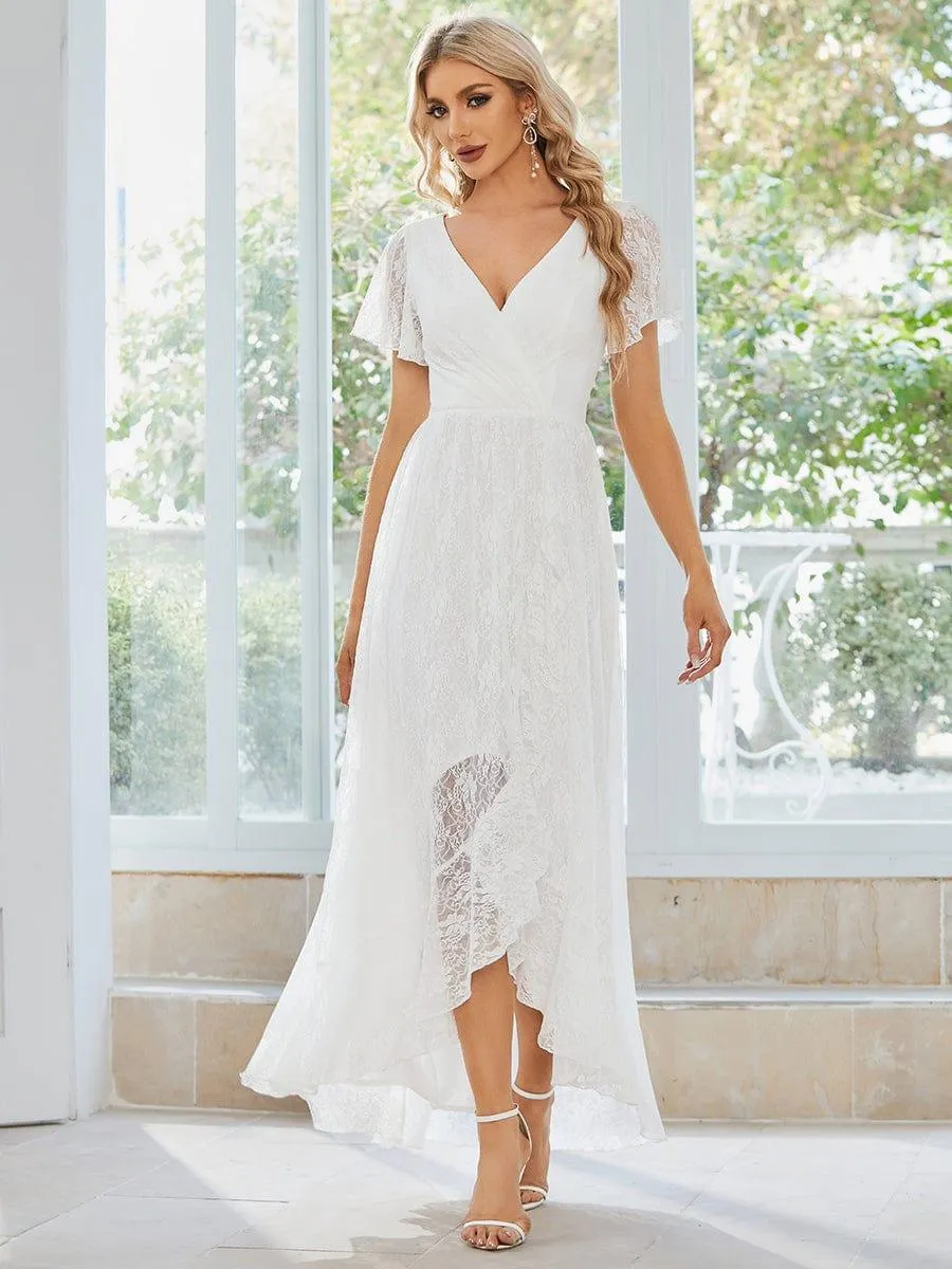 Pleated V-Neck Short Sleeve Ruffled Lace Formal Mother of the Bride Dress